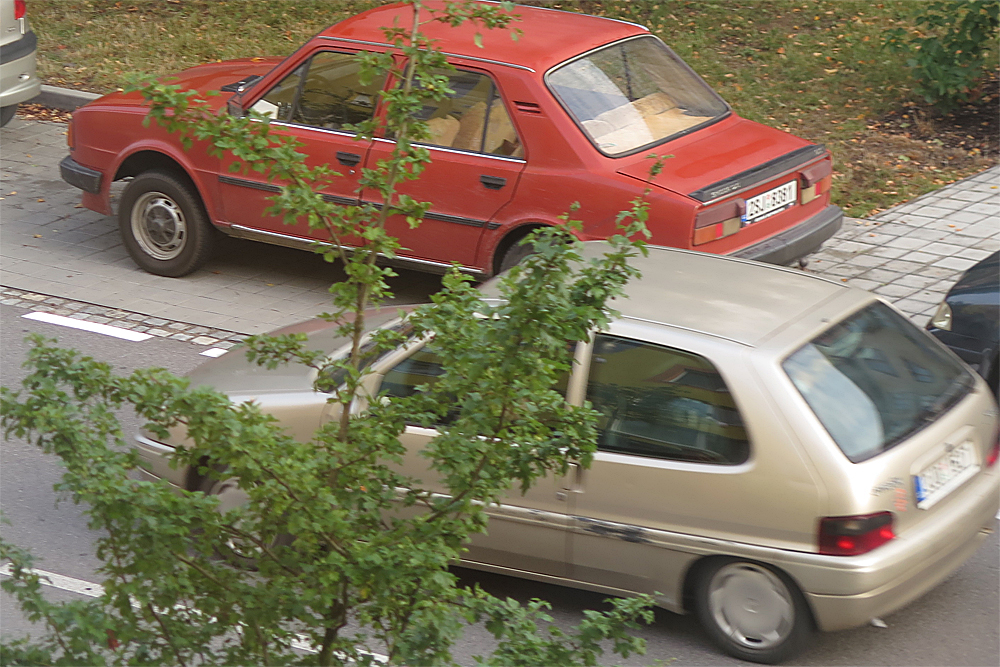 Ve stříbrném Citroënu Saxo 3J0 1527 sedí jako spolujezdkyně dáma, která si zřejmě myslí, že házení PET lahví do cizích černých kontejnerů je naprosto přirozené.